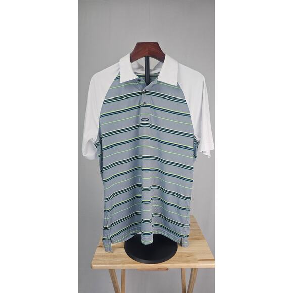 Oakley Men's Golf Performance Polo Shirt Large Striped White Sleeves Preowned - Picture 1 of 5